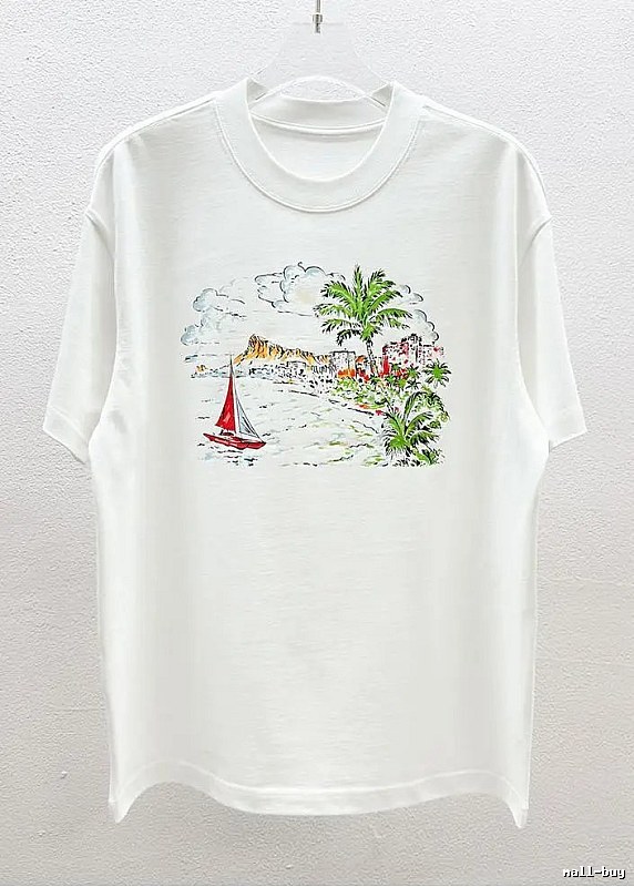 AW Hand-painted Seaside Vacation Style White Short-sleeve T-Shirt