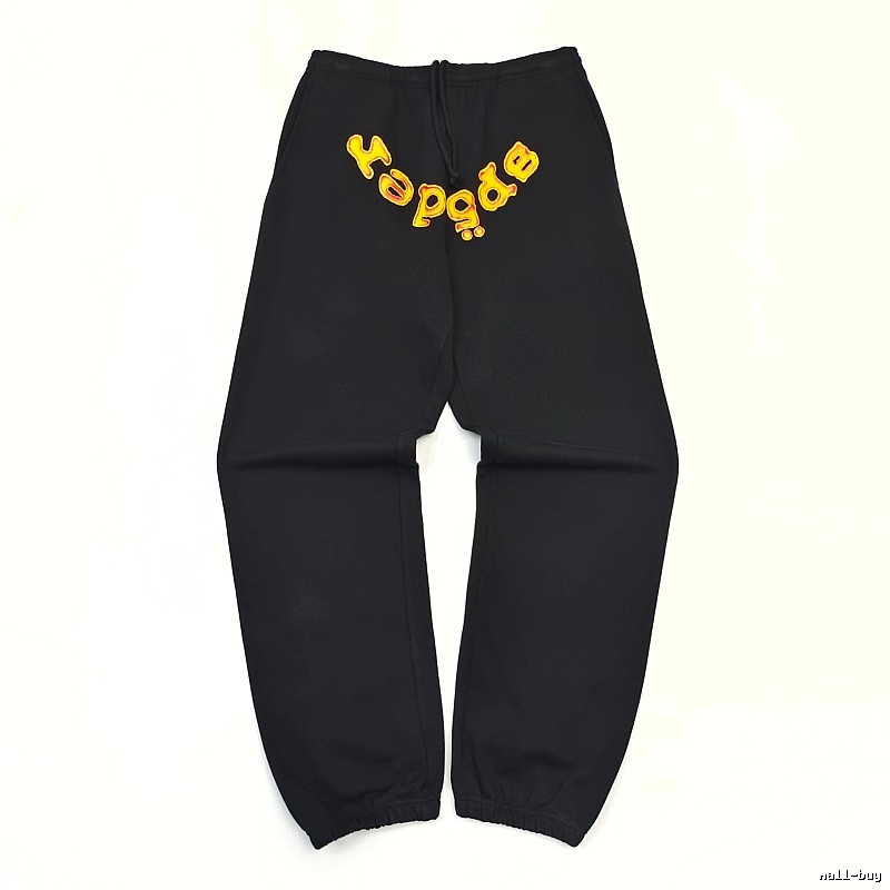 Bold Yellow Wordmark Graphics And Cuffed Hems Black Sp5der Logo Sweatpants