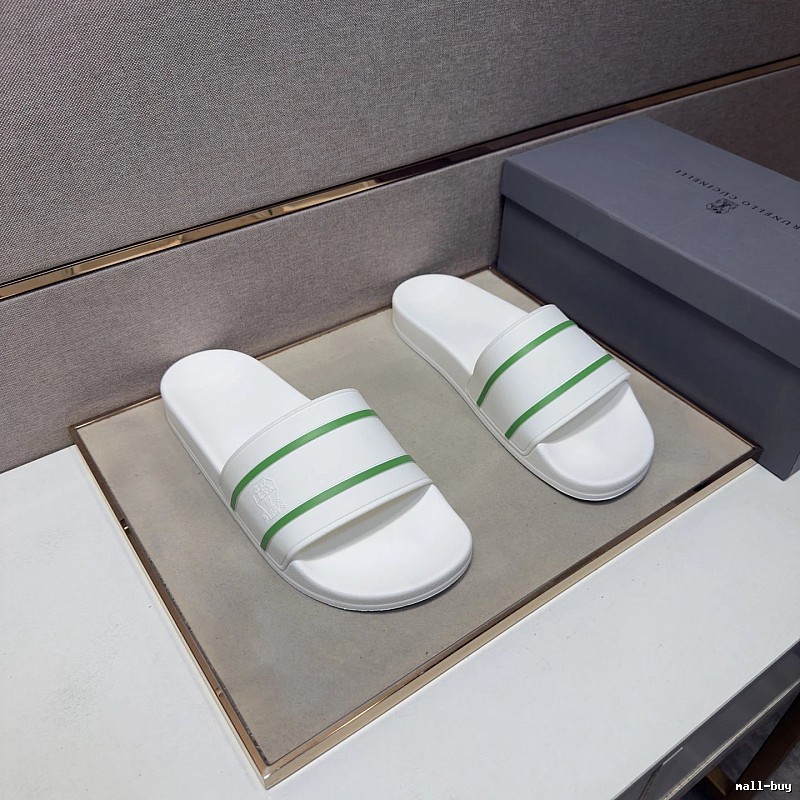 Brunello Cucinelli Casual-style White and Green Striped Slippers