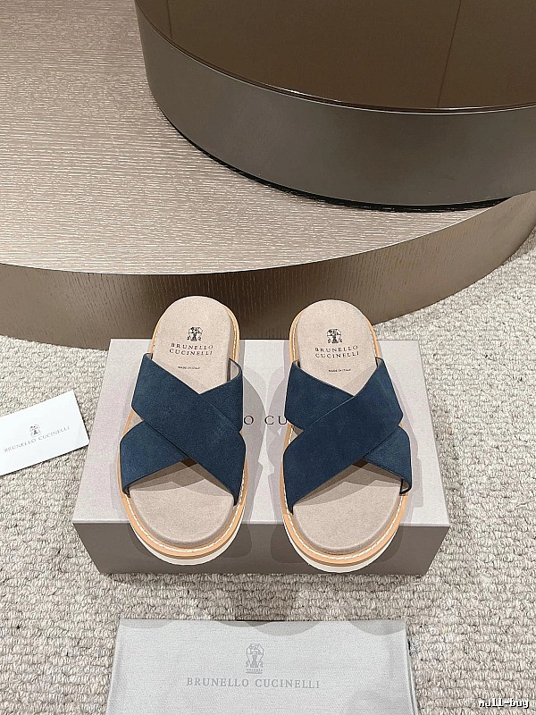 Brunello Cucinelli Minimalist Casual Navy Blue Slide Sandals