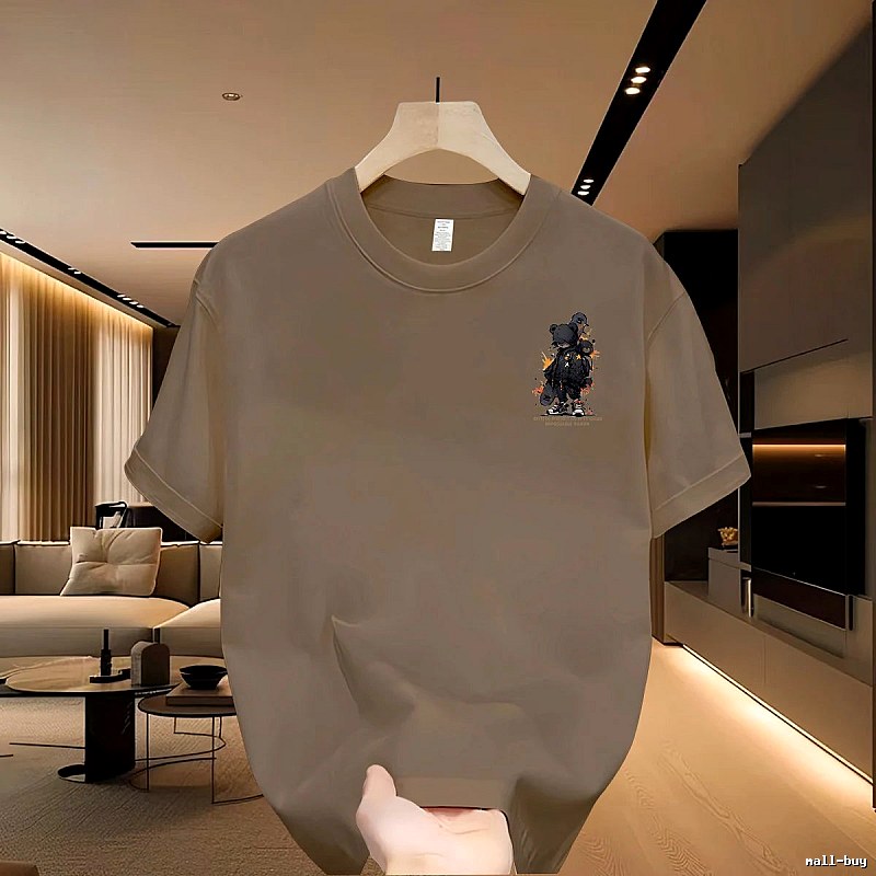 China-chic Graffiti Bear Street Style Khaki Short Sleeve T-Shirt