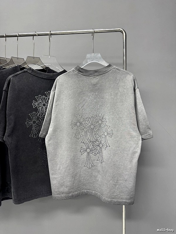 Chrome Hearts Cross Hot-stamped Rhinestone Street-style Grey Short-sleeve T-shirt