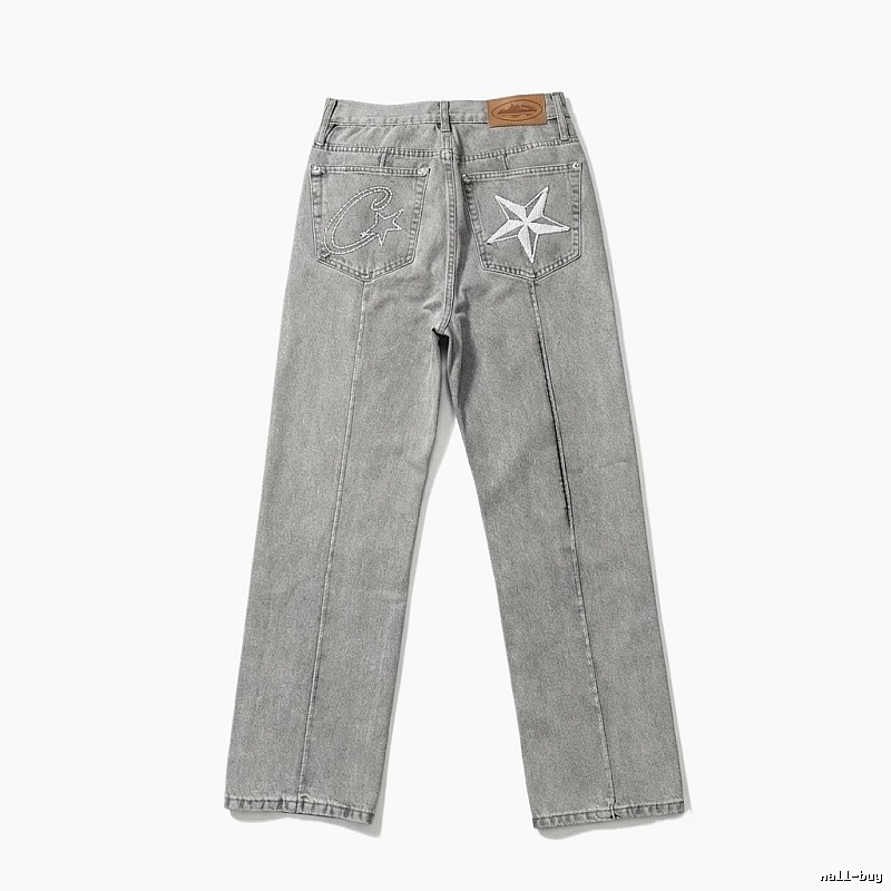 Corteiz Star Embroidered Light Grey Jeans