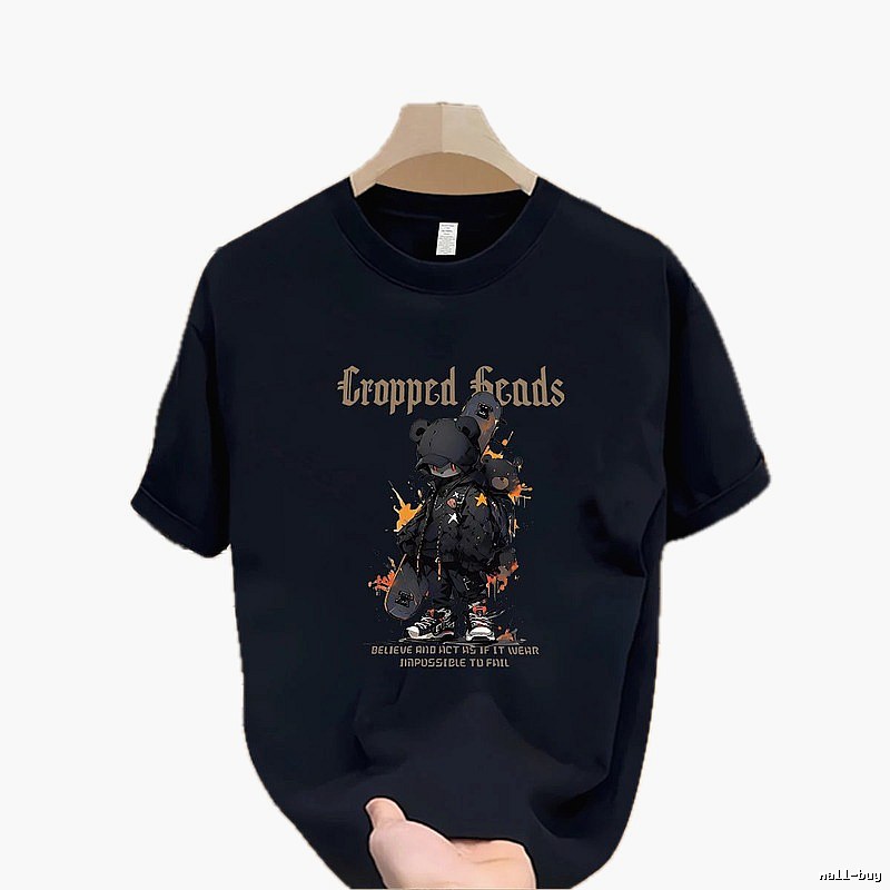 Cropped Skate Bear Street Style Navy Short Sleeve T-Shirt