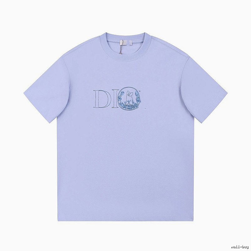 Dior Cat-Embroidered Casual Light Purple Short-sleeve T-Shirt