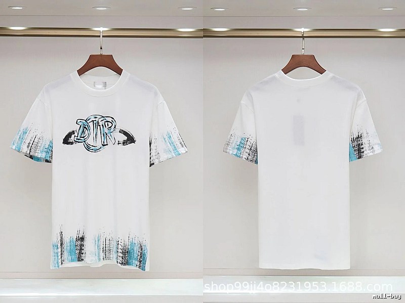 Dior Graffiti Collection Street Style White and Blue Short-sleeve T-shirt