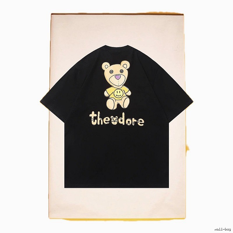 DREW Bear Print Streetwear Brand Black Short Sleeve T-shirt