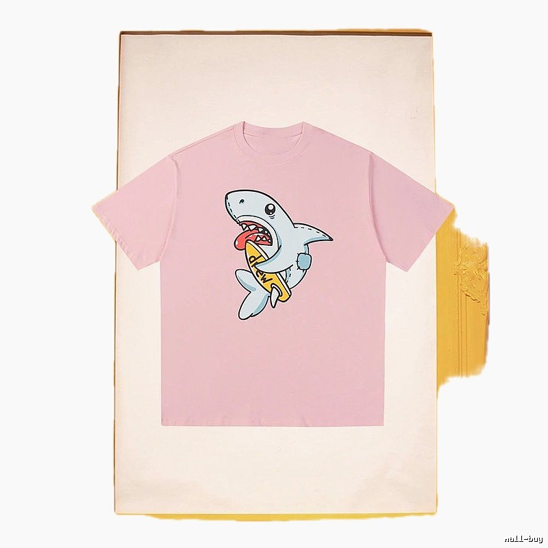 DREW Cartoon Shark Street Style Pink Short-sleeve T-shirt