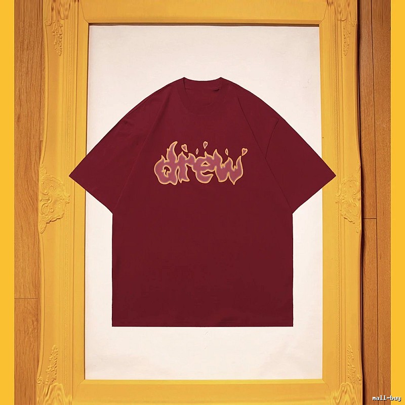 DREW Flame Heart Street Style Burgundy Short Sleeve T-Shirt