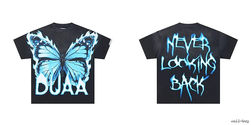 DUAA Butterfly Print Street Style Black and Blue Short-sleeved T-shirt
