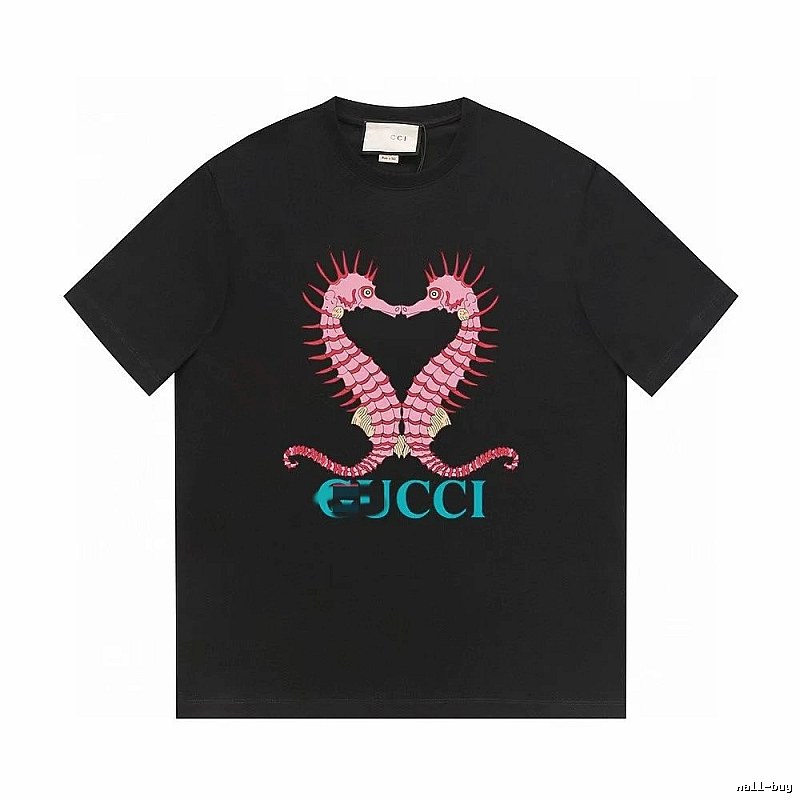 Gucci Double Seahorse Print Trendy Style Black T-Shirt