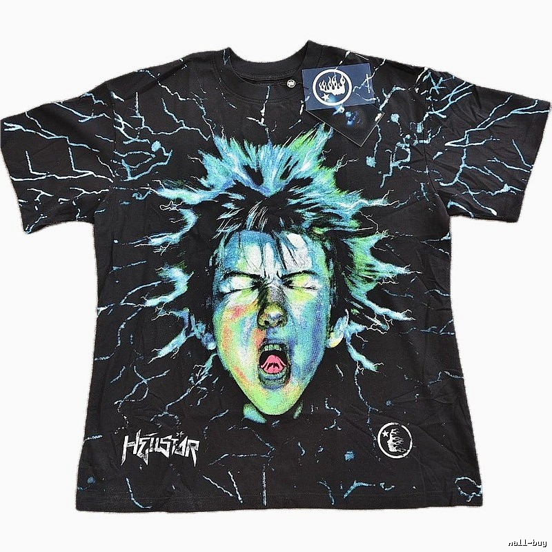 Hellstar Lightning Portrait Street Style Black & Blue T-Shirt