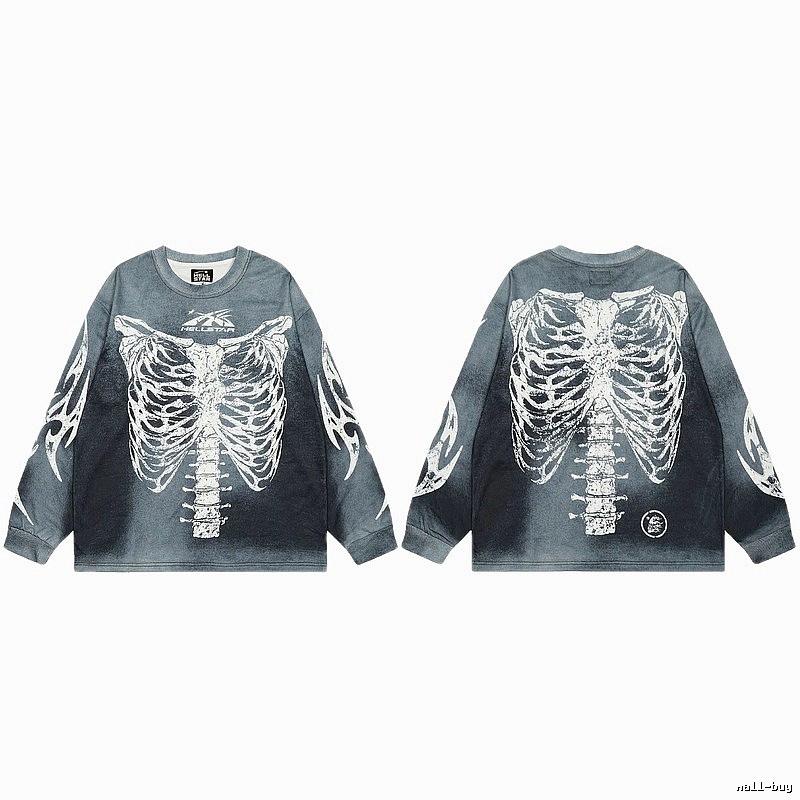 Hellstar Skull Print Street Style Vintage Grey Long Sleeve T-shirt