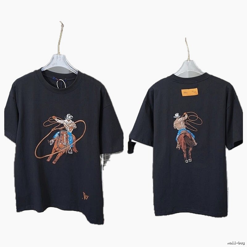 Louis Vuitton Vintage-style Black T-shirt with Denim Embroidery
