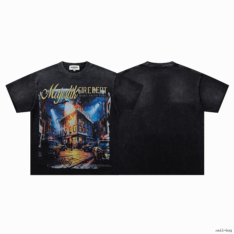 MAJESTIK Fire Department Vintage Distressed Black Printed T-shirt