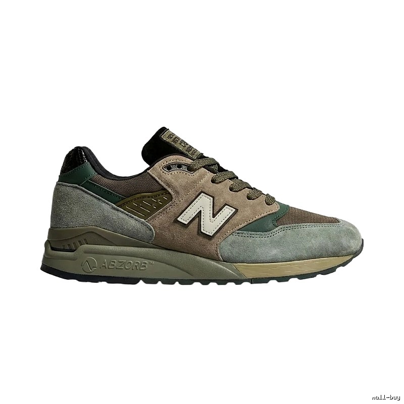 New Balance retro-style gray-green-brown running shoes