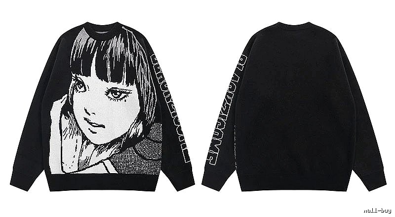 Relaxed Anime graphic sweater Black Knit Top with Versatile Design