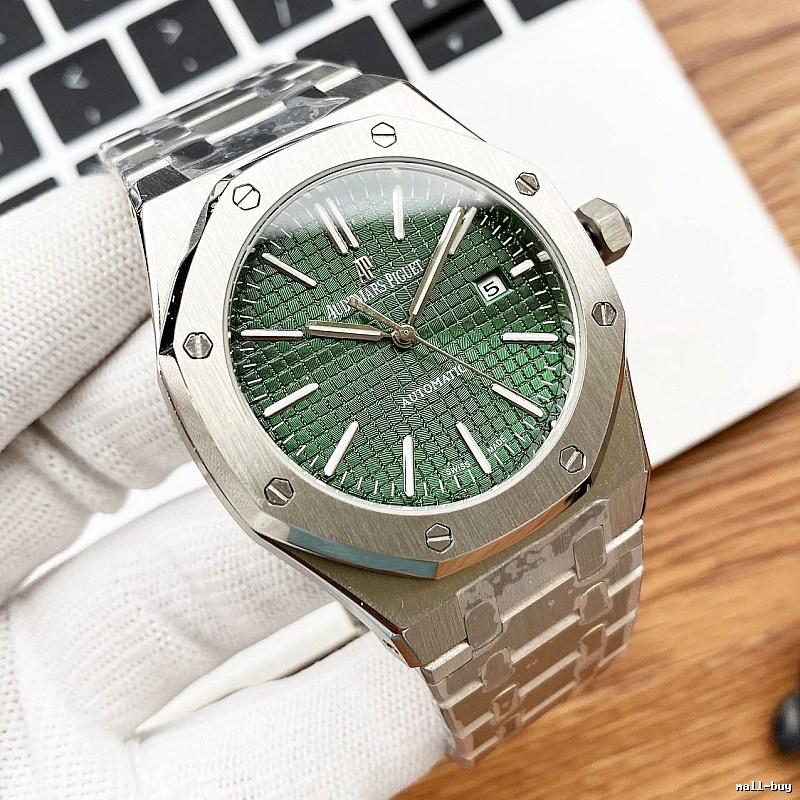 Royal Oak Automatic Watch in Silver And Green with green textured dial and integrated metal bracelet - Audemars Piguet