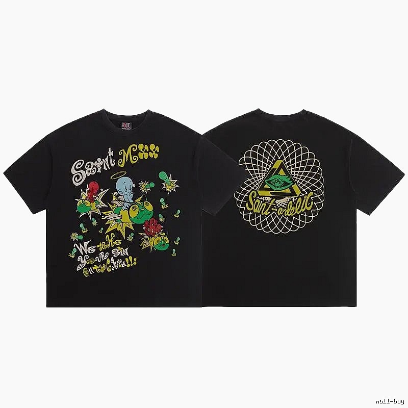 SAINT Cartoon Graffiti Street Style Black T-Shirt