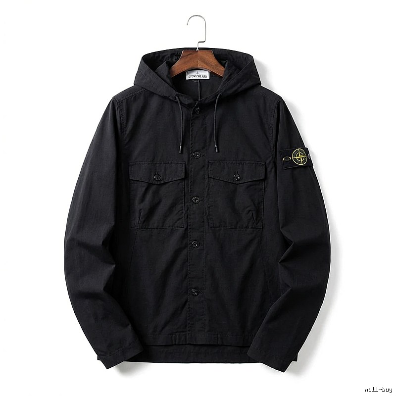 Stone Island Workwear Style Black Hooded Coat