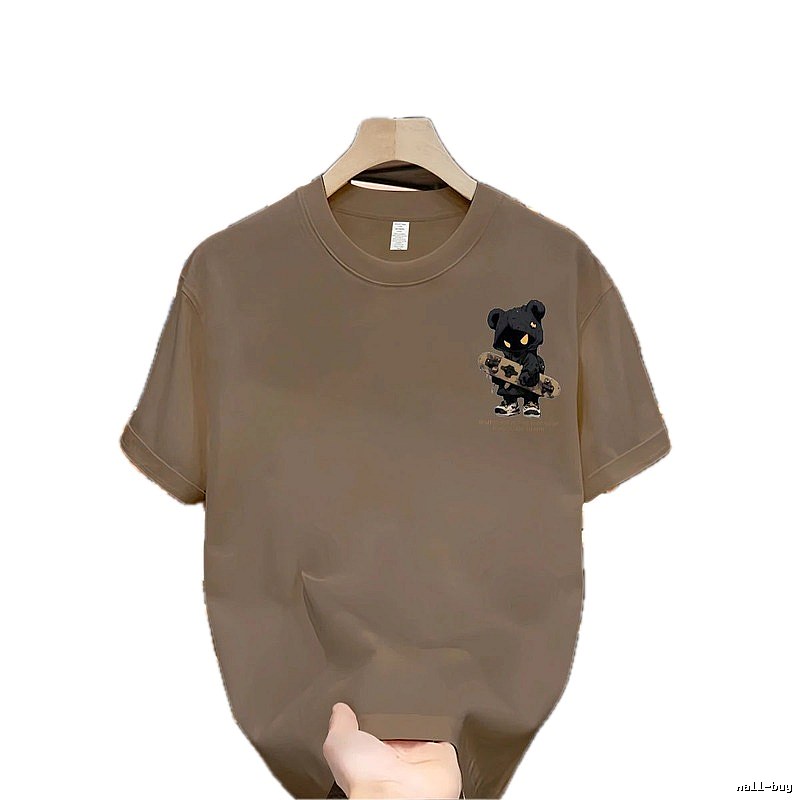 Streetwear Brand Street Style Khaki Short-sleeve T-shirt with Skateboarding Bear Graphic