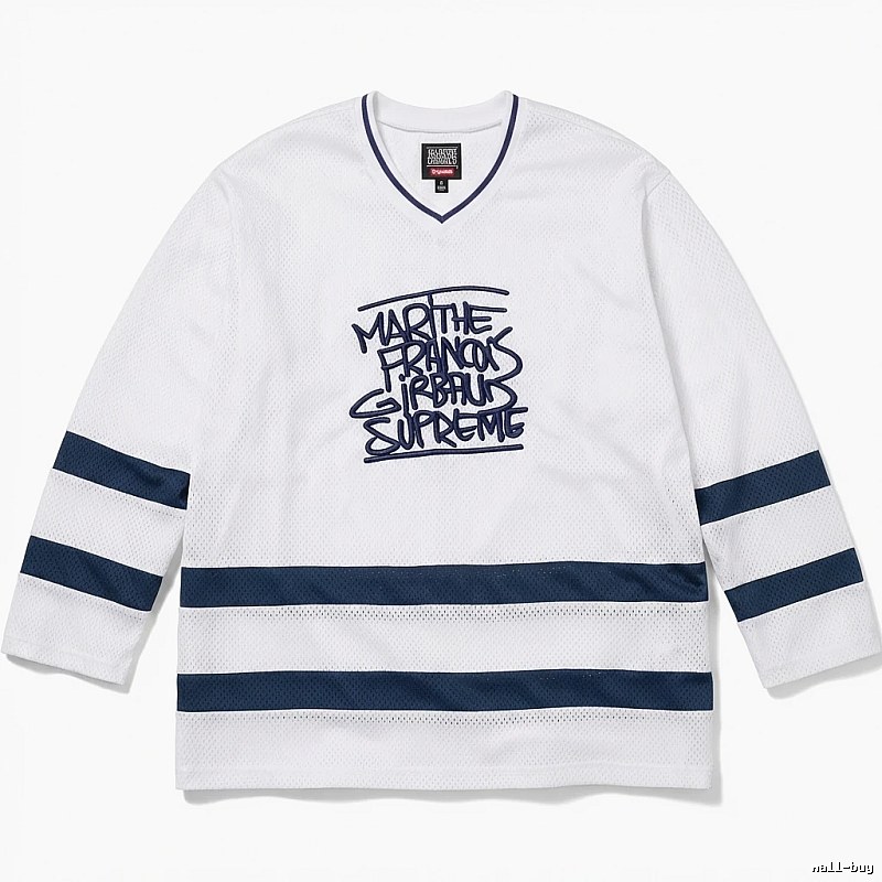 Supreme graffiti-style white and blue jersey