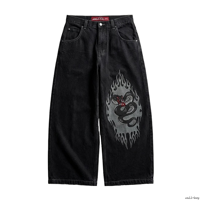 Y2K Flame Snake Print Black Jeans